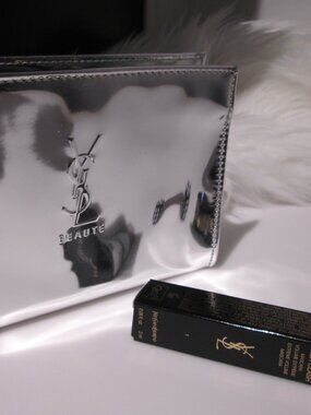 YSL BEAUTE SILVER Vinyl Make up zipper bag w/ lash clash mascara NEW